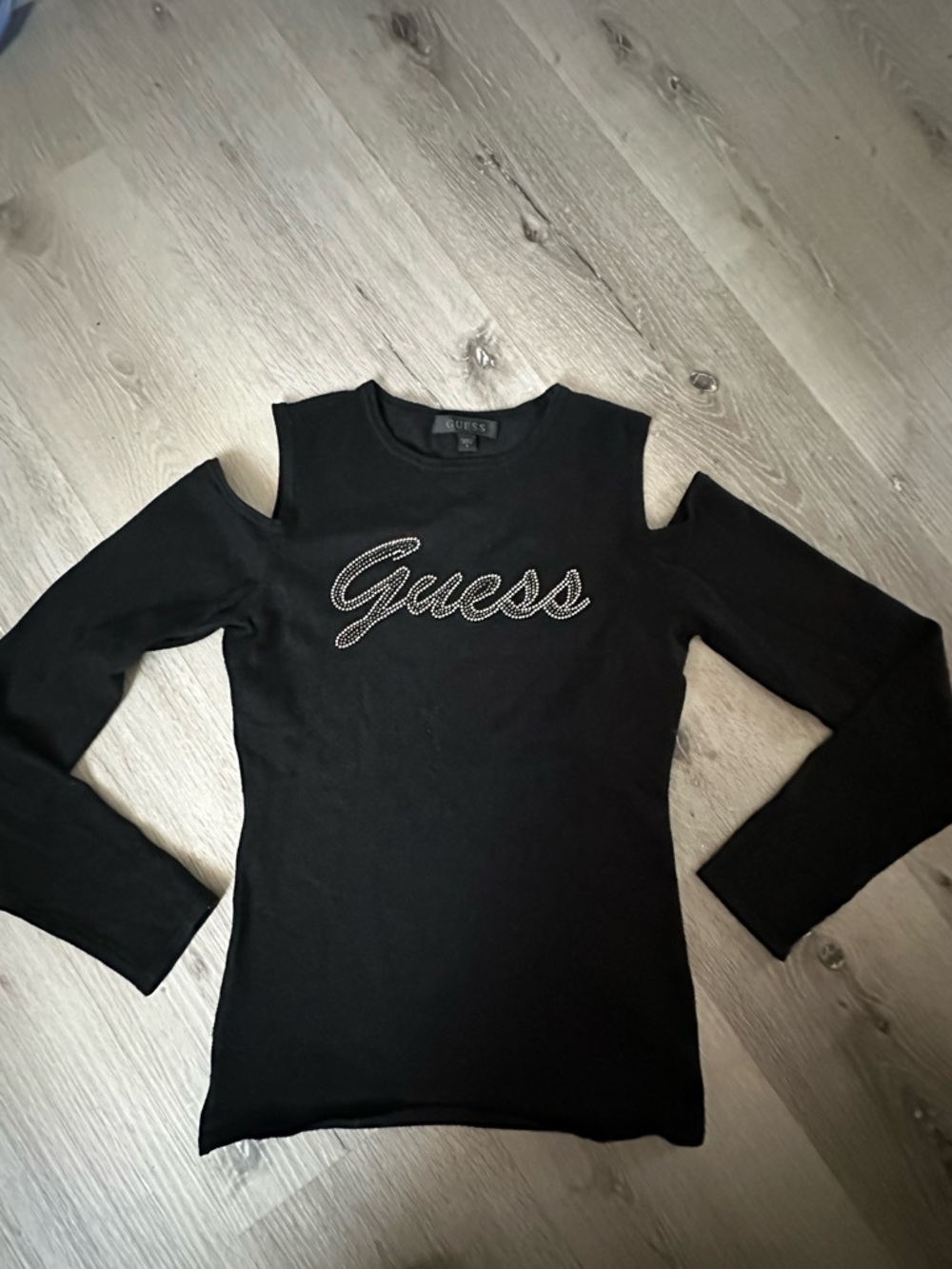 Guess Black Cold-Shoulder Rhinestone Logo Long Sleeve Top